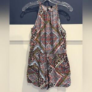 BeBop Coral, Olive & Teal Geometric Halter Romper shorts Size M